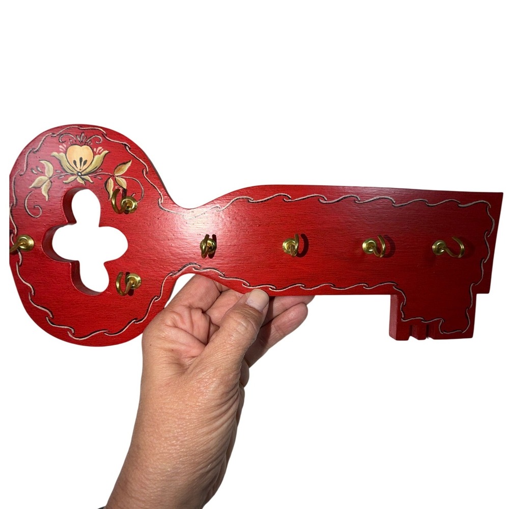 Scandinavian Wooden Key Holder Rosemaling Red Folk Art Hand Painted Wall Decor